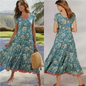 Soft Surroundings Kara Multi-Floral Maxi Tiered Dress Fiery Teal Size Small 6-8